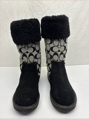 Coach Kally Black Suede Signature C Shearling Cuff Boots, SZ 6.5 B